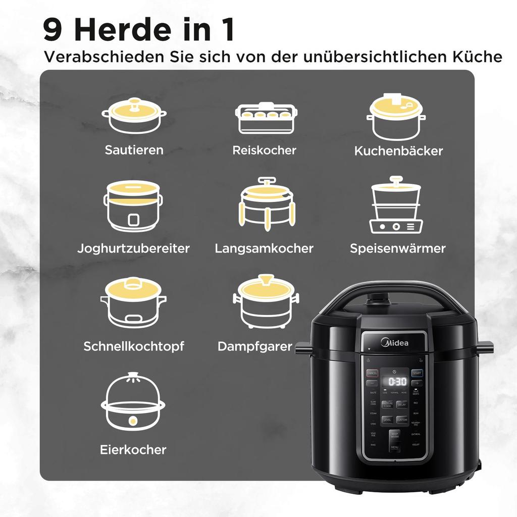 Midea Schnellkochtopf 6 l, 70 % schneller, 13 Voreinstellungen, Rezepte online