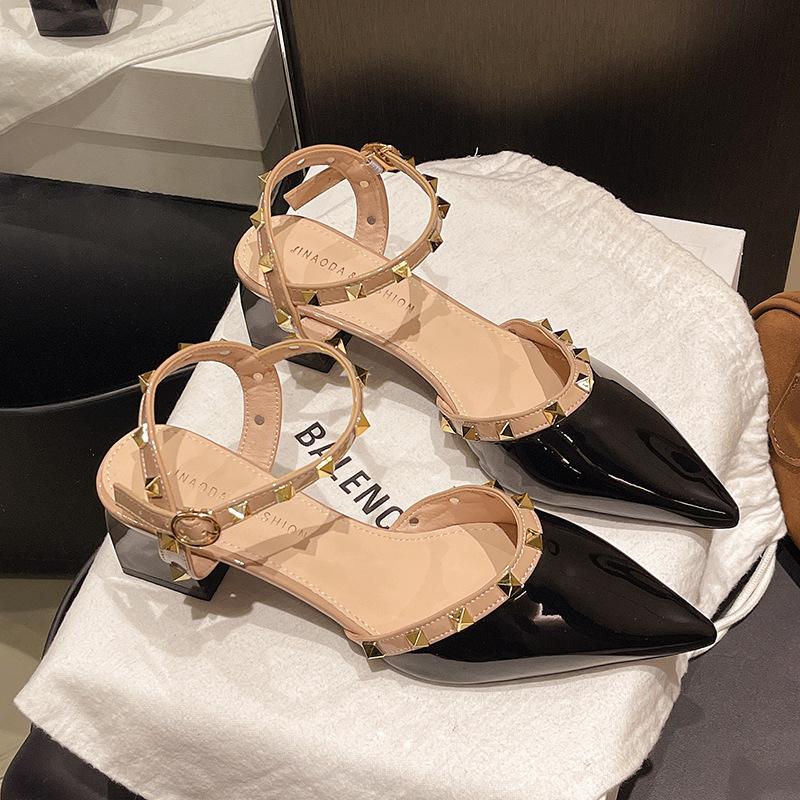 French pointed rivet high heel bag head sandals female 2025 summer new one word with fairy style skirt Roman shoes