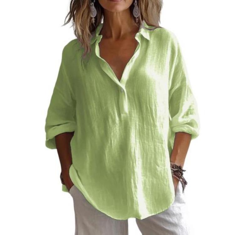 Lightweight Breathable Casual Blouse Loose Fit Women Shirt Lapel V Neck 3 4 Sleeve Pullover Tops Solid Color Daily Wear