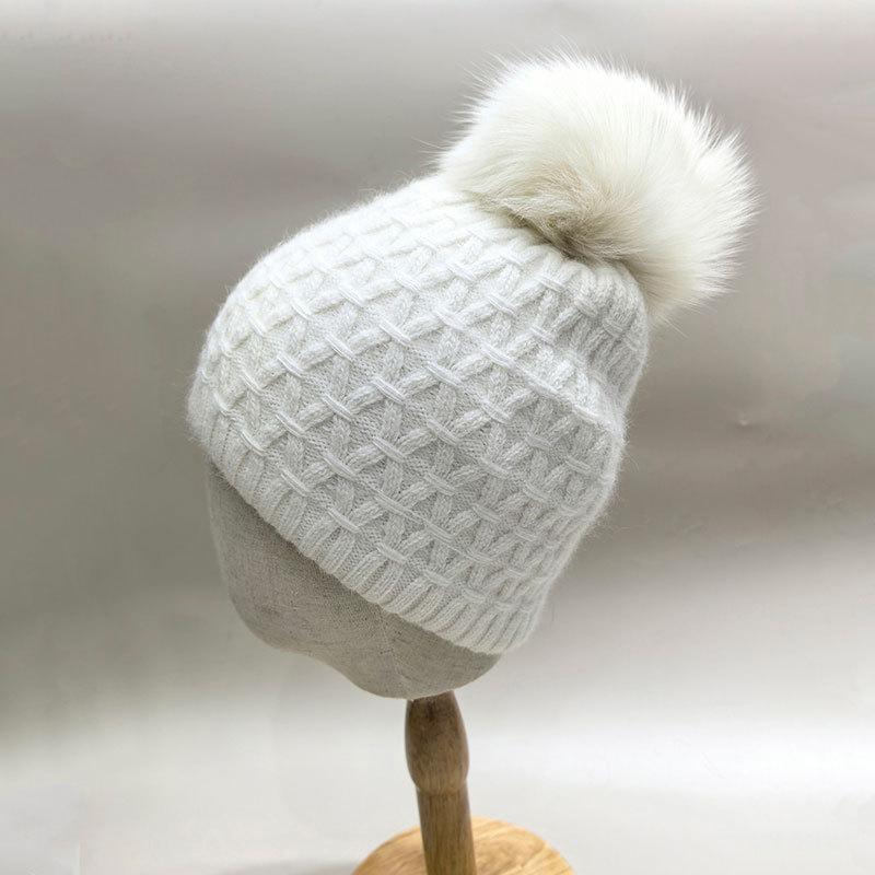 Women'S Winter Knitted Beanie Hat With Soft Rabbit Fur Lining & Fluffy Fox Fur Pompom - Warm Thick Skull Cap  New