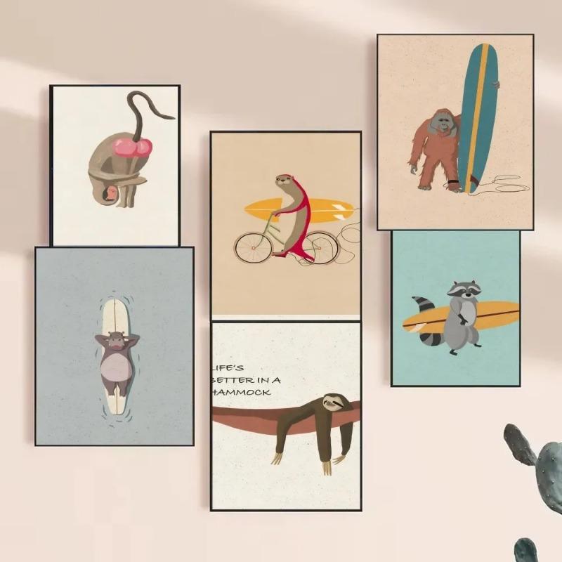 Vintage Cartoon Surfing Animals Surfing Sloth Frog Racoon Zebra Poster HD Posters Room Bar Cafe Decor Art Wall Painting Picture