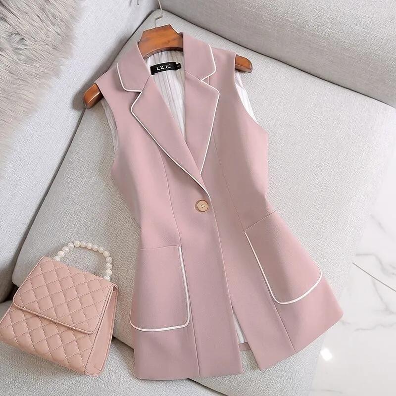 

Spring Autumn Women Vintage Long Blazer Vest Chic Single Button Sleeveless Suit Female Jacket Outwear Waistcoat Tops XS рожевий