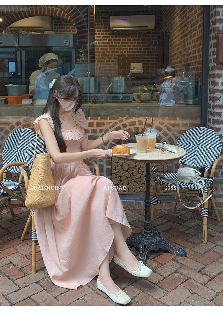 Women's Sweet Pink Ruffle Sleeve Square Neck Cinched Waist Long Dress - Summer 2026