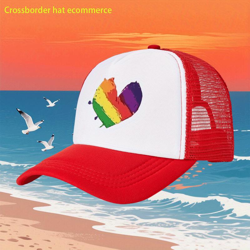 Rainbow Heart Print Breathable Mesh Trucker Hat Adjustable Polyester Casual Baseball Cap for Adults