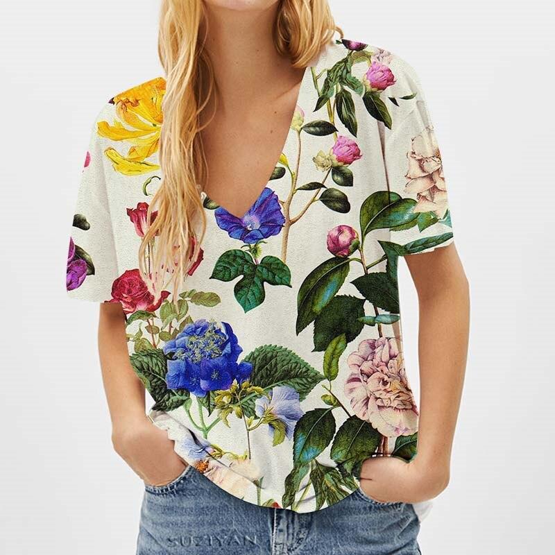 Módní jarní halenky s květinovým potiskem, trička s krátkým rukávem a výstřihem do V, ležérní