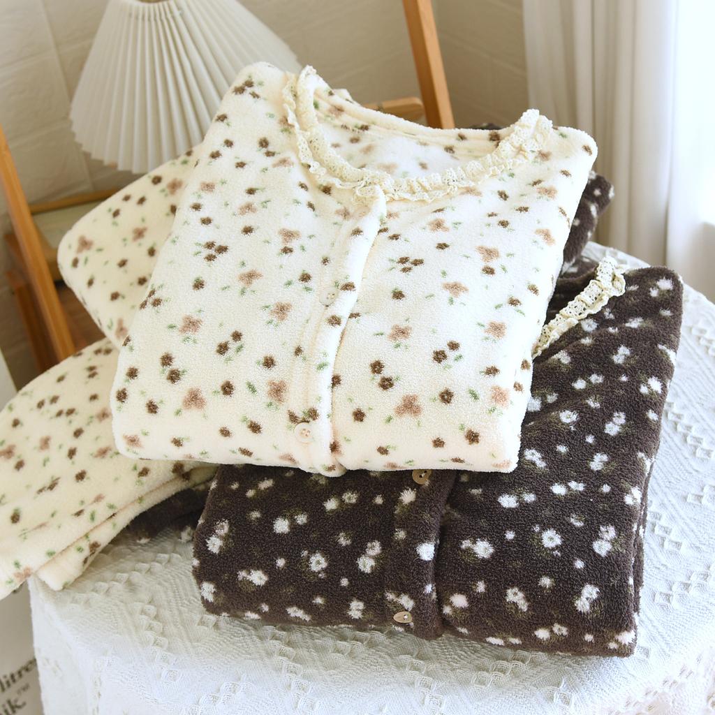 Herbst- und Winter Damen Frischer und Bequemer Pyjama Dick Warm Einfaches Hausanzug-Set