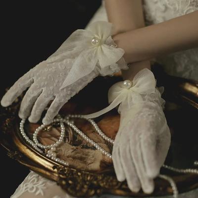Guantes Cortos de Red para Boda para Mujer, de Dedo Completo, Transparentes, con Cuentas, Lazo, Largo hasta la Muñeca, Disfraz, Guantes para Fiesta de Graduación