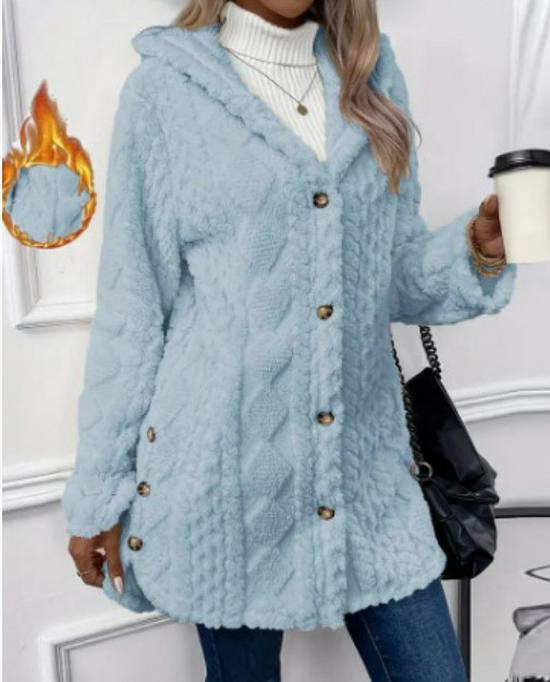 2025 Autumn/Winter Women's Warm Plush Hooded Cardigan - Button-Up Solid Color Coat