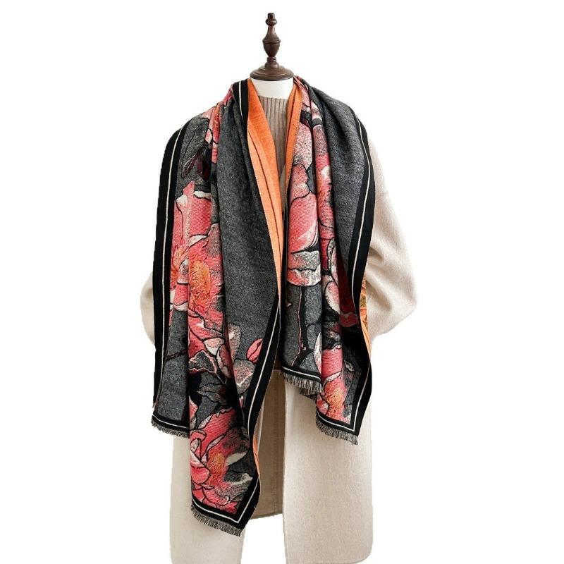 Winter new oil painting fashion peony flower imitation cashmere scarf women's elegant warm thickened shawl