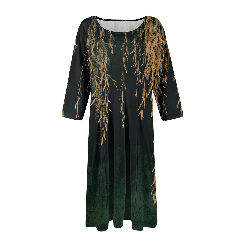 Women's Casual Fashion Round Neck Three-quarter Sleeve Floral Print Midi Dress