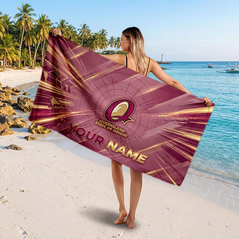 Queensland Maroons Customized Name Text Beach Towel, Soft Absorbent Towel Beach Pool Travel Personal Gift