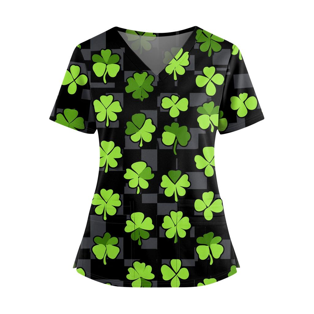 Frauen St. St. Patrick's Day Druck V-Ausschnitt Doppeltasche Kurzarm Uniform Oberteil mit geschlitztem Saum