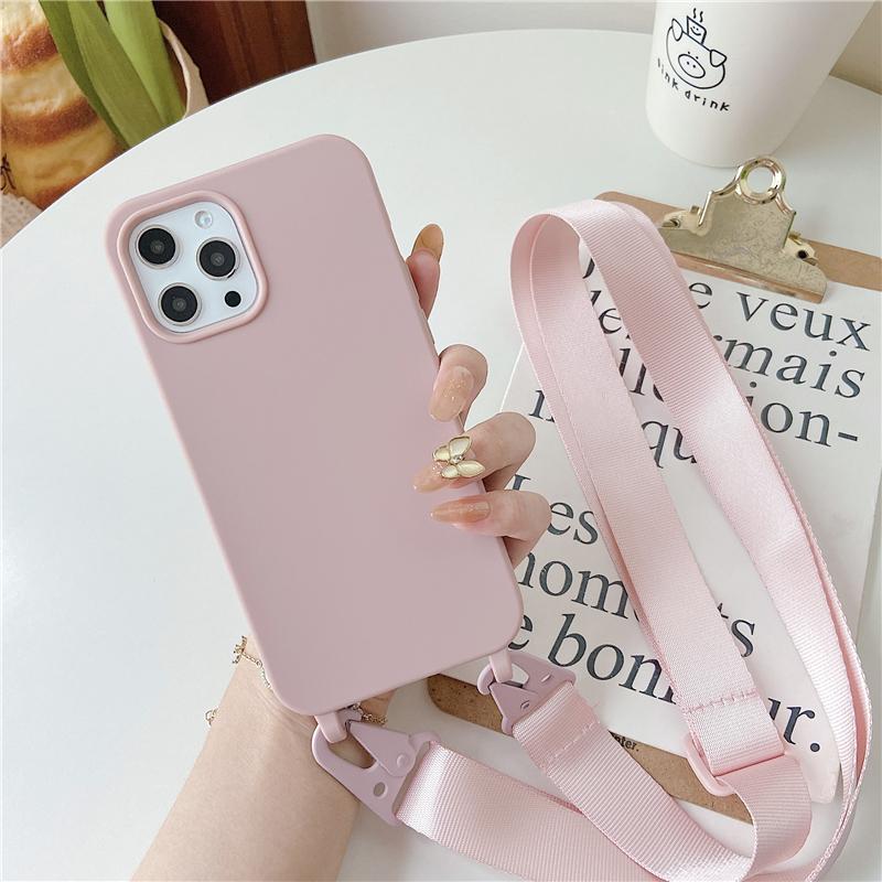 Crossbody Lanyard Matte Silicone Soft Case For iPhone 15 Pro Max 14 13 12 11 XR XS X 7 8 Plus Necklace Strap Shockproof Cover