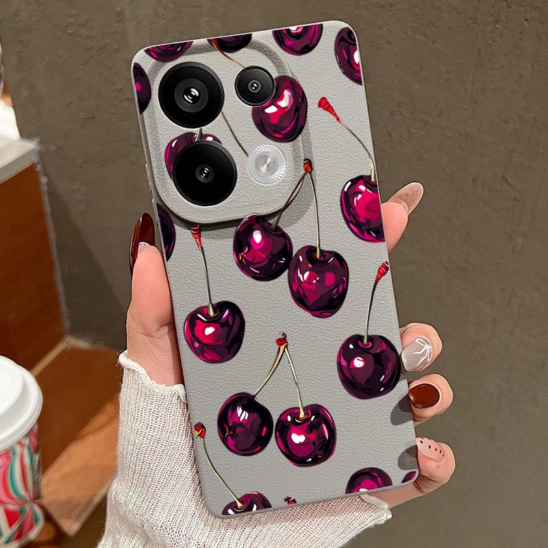 Retro Oil Painting Style Cherry Pattern Case For Xiaomi 14T 13T 11T Pro Funda Redmi Note 14 13 Pro 5G 12 11 Leather Texture Silicone Cover