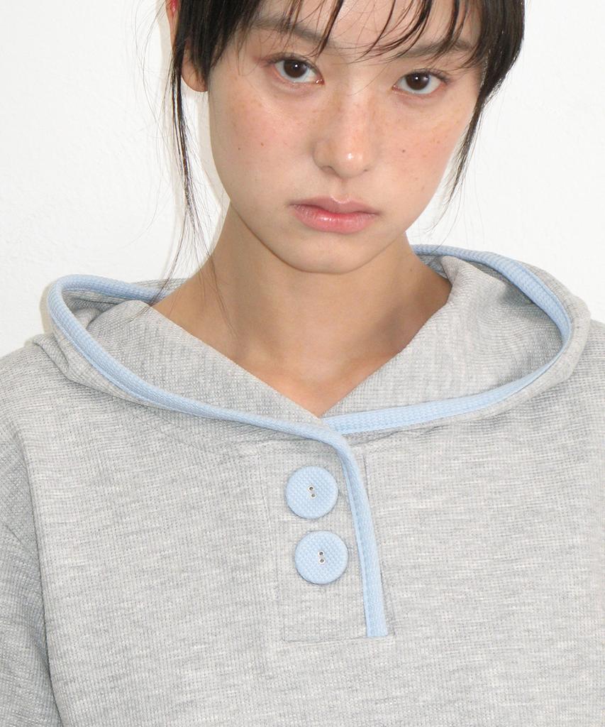 Waffle Button Half Sleeve Hoodie Gray