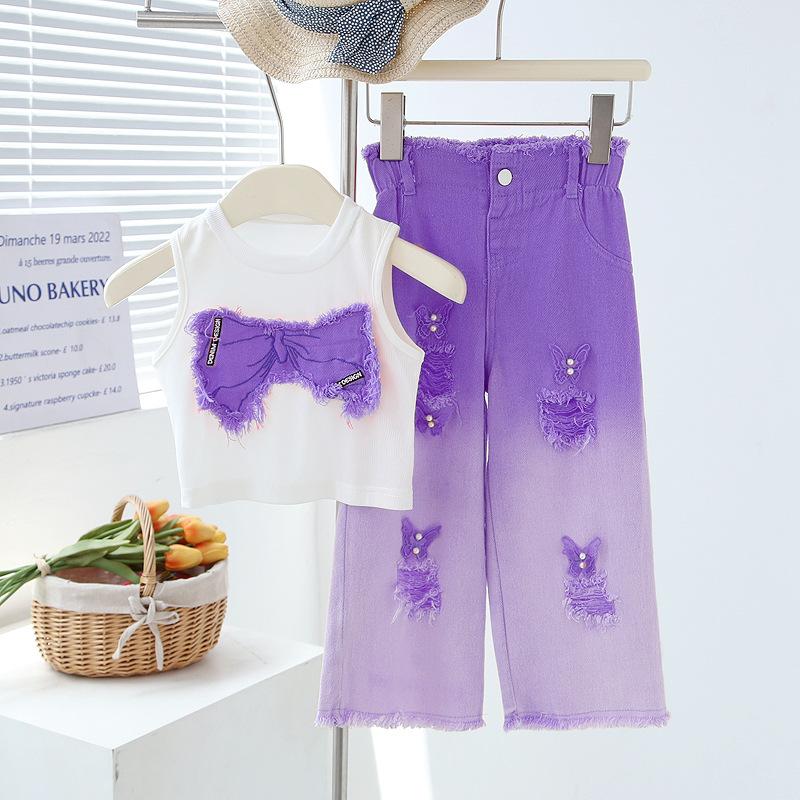 Sommer Set für Mädchen: Rundhals-Ärmelloses Kurzarm-T-Shirt + Ausgefranste Jeans Zweiteiliges Set Outfit für ältere Mädchen