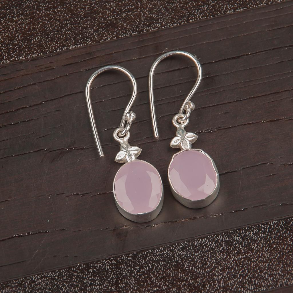 Rose Chalcedony Gemstone 925 Stamped Silver Jewelry Handmade Hook Earrings 1.30" EE-6-13