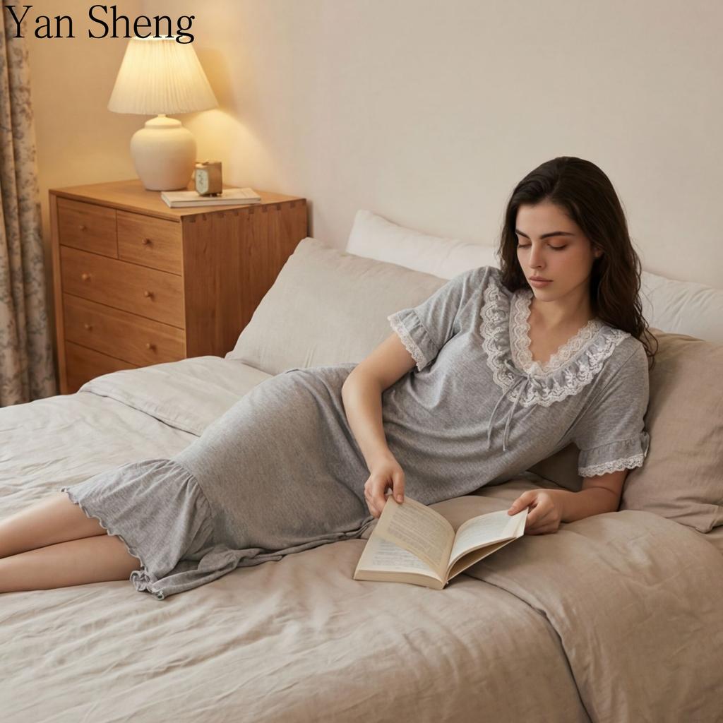 Women Nightgown Knit Sweet Short Sleeve Sleep Dress Wavy Cuff Hem Loose Midi Loungewear For Home Sleepwear
