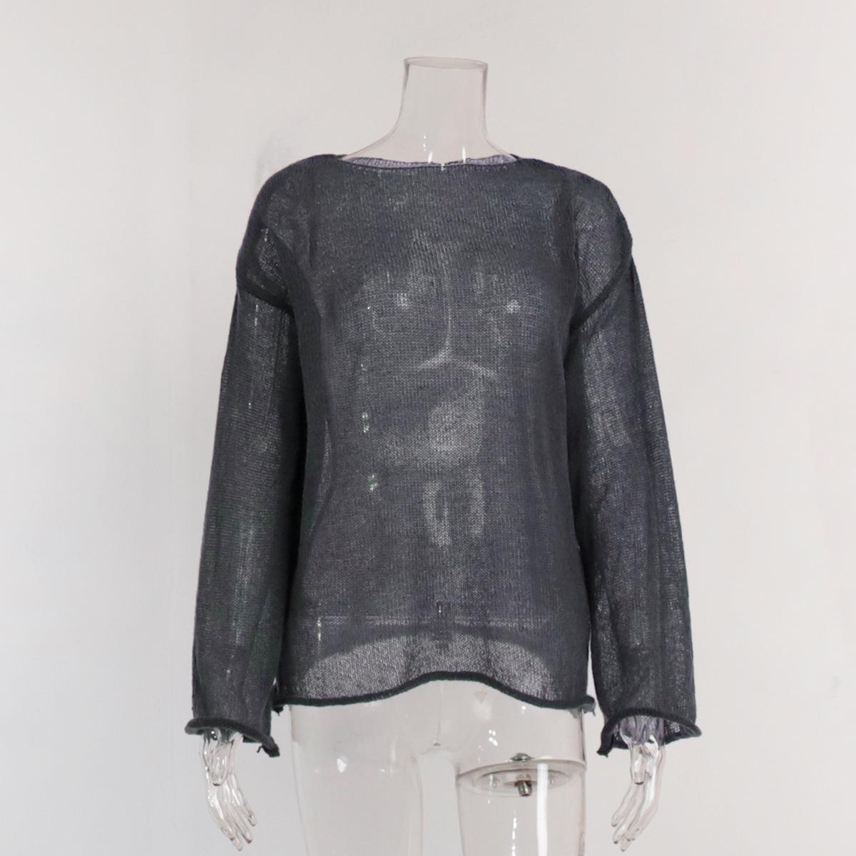 

Spring Summer New Women s Hollow Out See-through Knit T-shirt, Large Round Neck Flare Sleeve Sheer Thin Knit Top, European American Style S темно-сірий