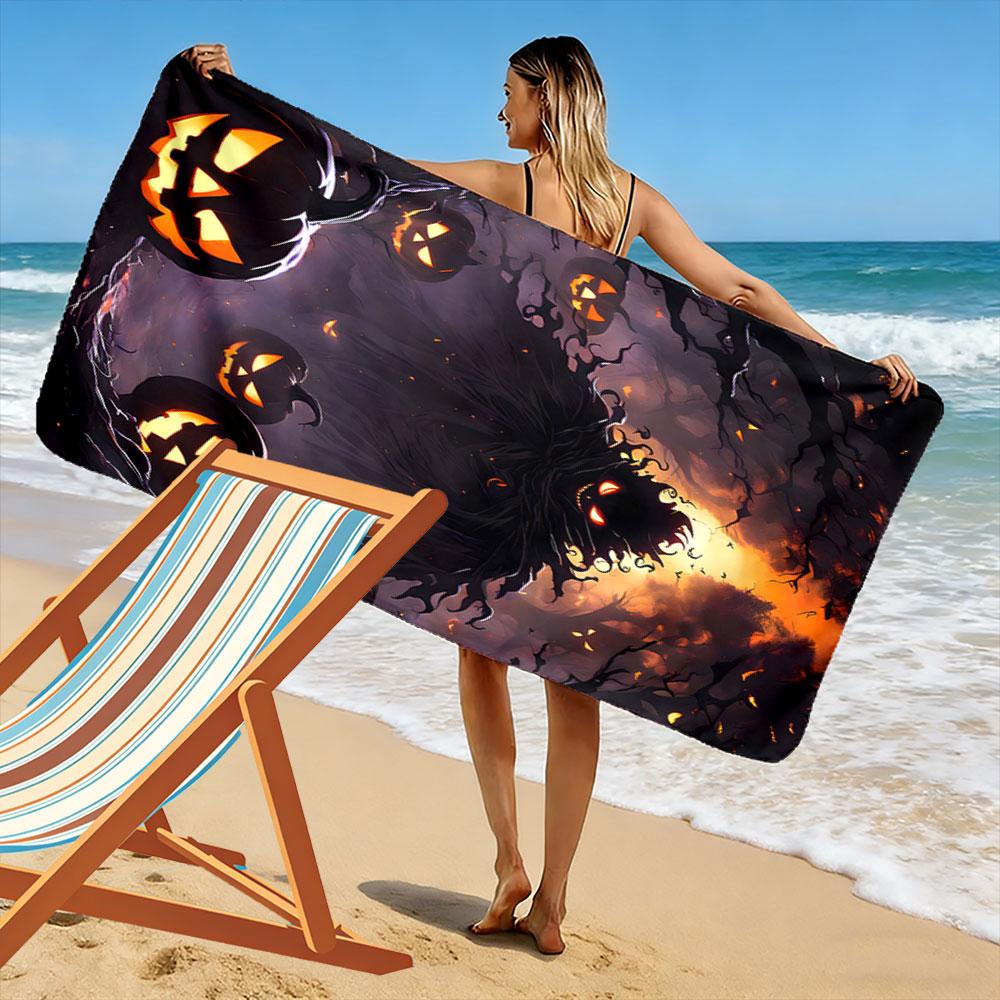Glowing pumpkins whispering mystery Print beach towel, quick drying, suitable for travel, outdoor sports, jogging, the beach and swimming, gift