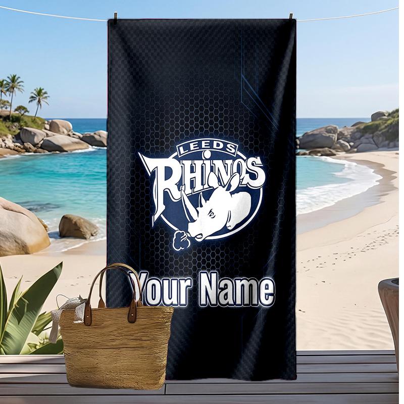 Asciugamano da Spiaggia Personalizzato Leeds Rhinos, Stampa il Tuo Nome Testo Asciugamano Leggero Assorbente per Nuoto Viaggio