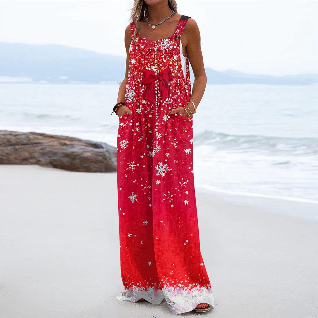 Women's Christmas Print Solid Wide Leg Strapless Tank Pocket Casual Onesie