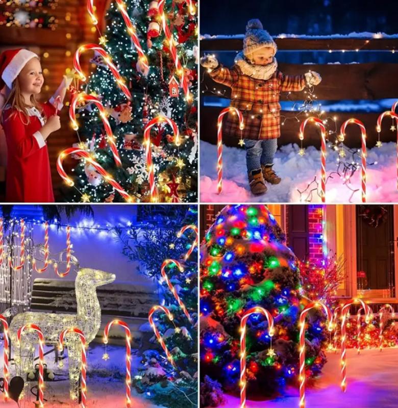 Christmas Solar Star Candy Cane Lights Garden Holiday Creative Shaped Lights Outdoor Lawn Ground Plug Lights