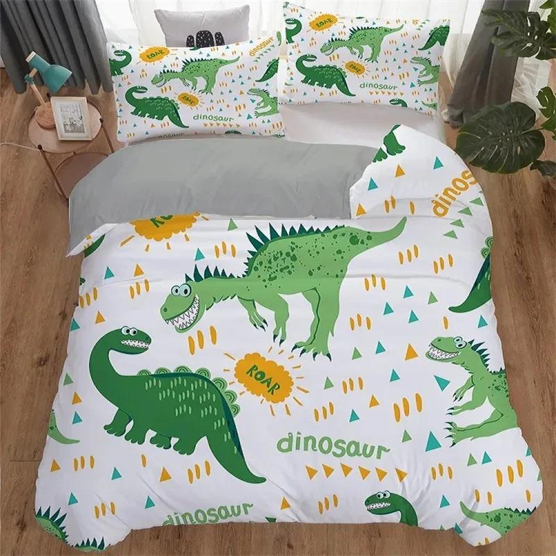 Cute Cartoon Dinosaur Duvet Cover For Boy Girl 2/3Pcs Kawaii Animal Dinosaur Print Bedding Set Twin Queen Microfiber Quilt Cover