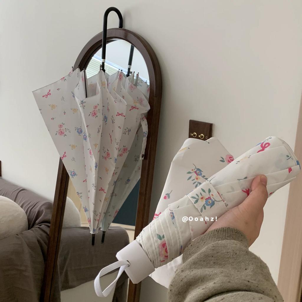 "Springtime" Korean Ins Fairy-Style Bowknot Rose Flower Umbrella, White, Suitable for Photography, Straight Long-Handled Umbrella