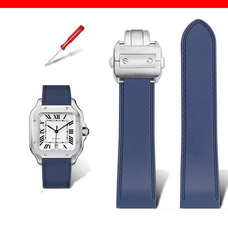 23mm 25m For Cartier santos100 Santos silicone rubber watch strap santos 100 Metal buckle watchband men Black blue soft bracelet