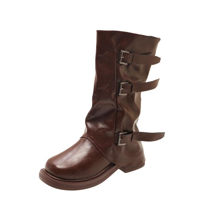 

Belt buckle stack boots 2025 autumn and winter new retro western denim fashion square heel boots women 42