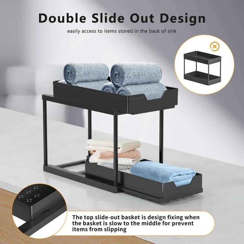 Double-layer Pull-out Kitchen Storage Rack Sliding Cabinet Basket Suitable for Kitchen and Bathroom Countertop Sink Storage
