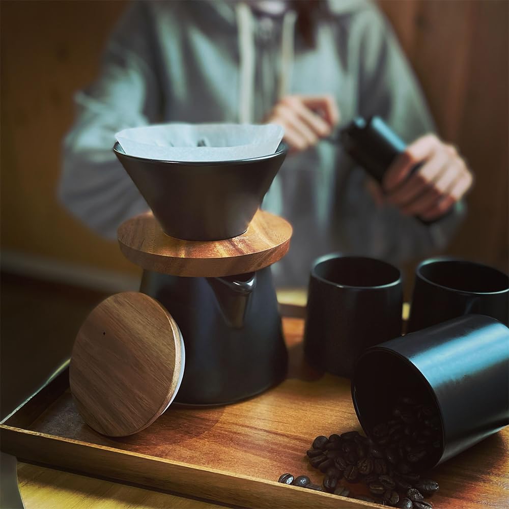 DHPO Ceramic Pour Over Coffee Dripper Set High Temperature Fired Ceramic Accessories V60 Dripper Wooden Handle Black 590ml