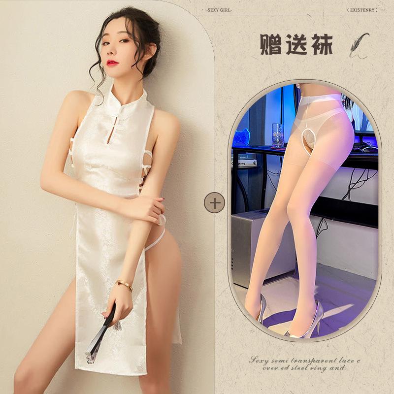Sexy sex straps uniform temptation jacquard satin retro cheongsam unglazed brick saffron tea Shenzhou research
