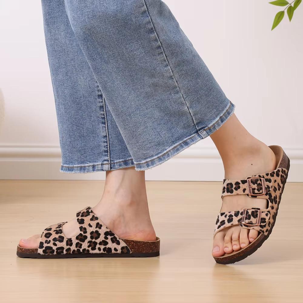 Fashion Crestar Women's Clogs Sandals Fashion Cork Footbed Platform Leopard Slides With Double Buckle Outdoor Lady Flat Casual Slippers