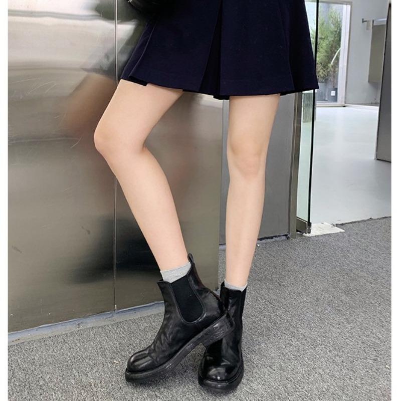 ~ Washed Horse Pattern Pleated Thick Heel Thick-soled Cigarette Tube Elastic Boots Chelsea Short Boots Women