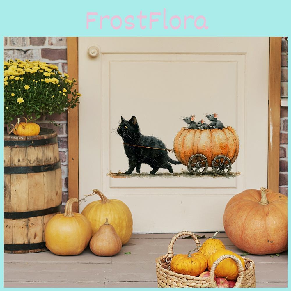 Halloween Cat Cartoon Pulling Pumpkin Cart Sitting Mouse Home Decor Stickers