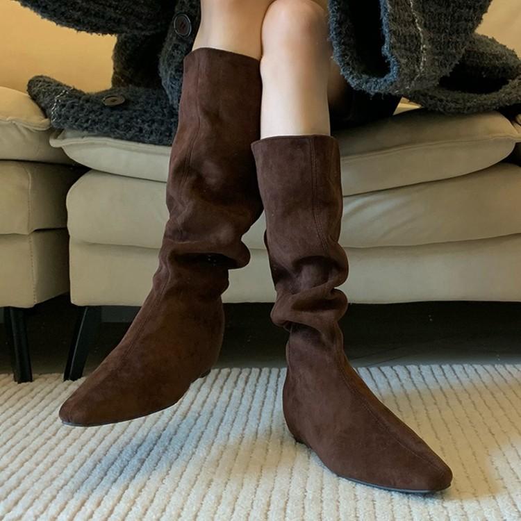Blue cabinet version! Autumn and winter western cowboy boots women's retro niche large tube circumference thin inner height increasing pleated