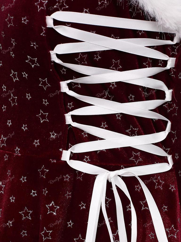 Rosegal, Übergröße, weihnachtliches Glitzer-Pentagramm-Prägung, Schnürung, flauschiger Besatz, gerüschtes High-Low-Trägershirt aus Samt, Partykleid