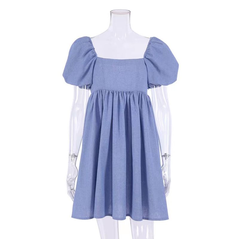 European and American New Sexy Square Collar Puff sleeve Dress Square Neck Bubble Sleeved Dress