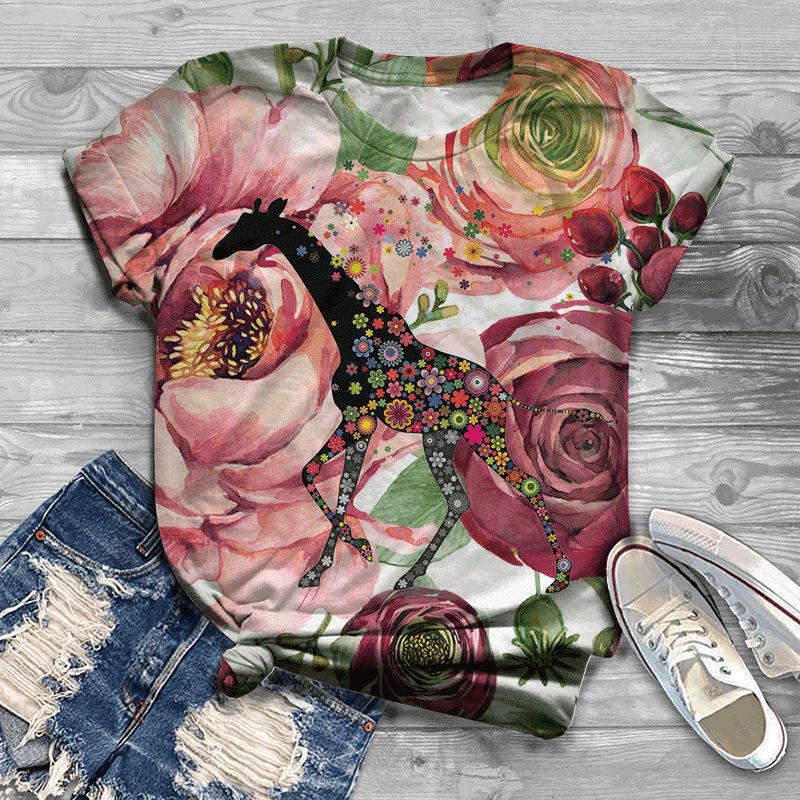 Damen Sommer Europäisch und Amerikanisch Neu 3D Freizeit Kunst Design Blumen Bedrucktes T-Shirt