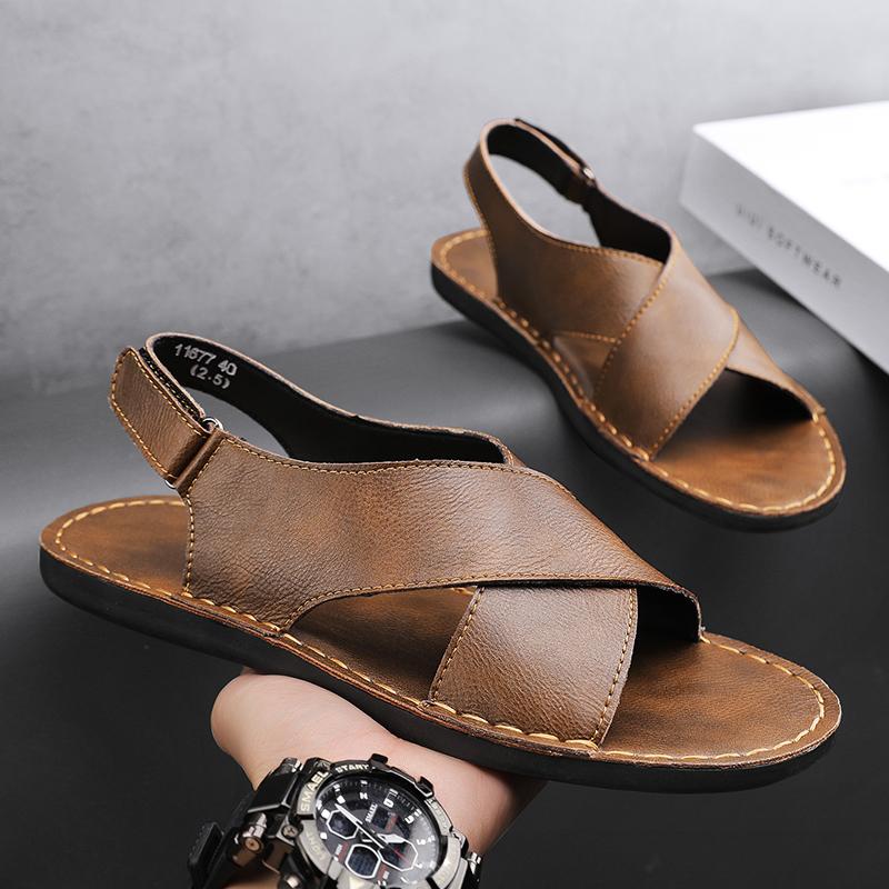 Fashion Vintage Style Summer Men's Sandals Genuine Leather Male Casual Shoes Outdoor Men Open-toe Beach Shoes Leisure Walk Roman Flats