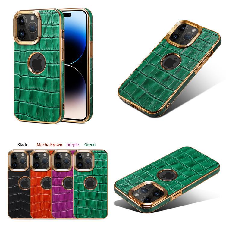 Denior Apple 15Pro leather sticker mobile phone case iPhone14ProMax crocodile pattern electroplating protective case
