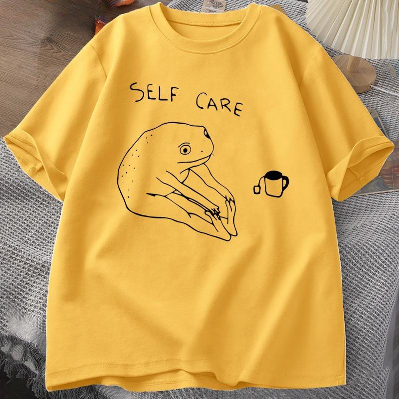Summer Fun Frog Self Care Printed Round Neck T-shirt for Men Cotton Loose Holiday Short Sleeves Street Size Large
