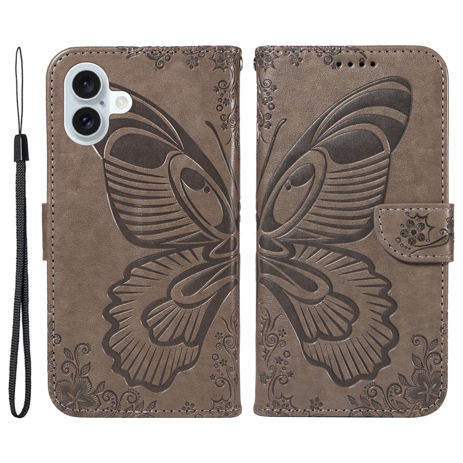 

For iPhone 16 Plus Leather Case Butterfly Pattern Wallet Card Slots Phone Cover Grey