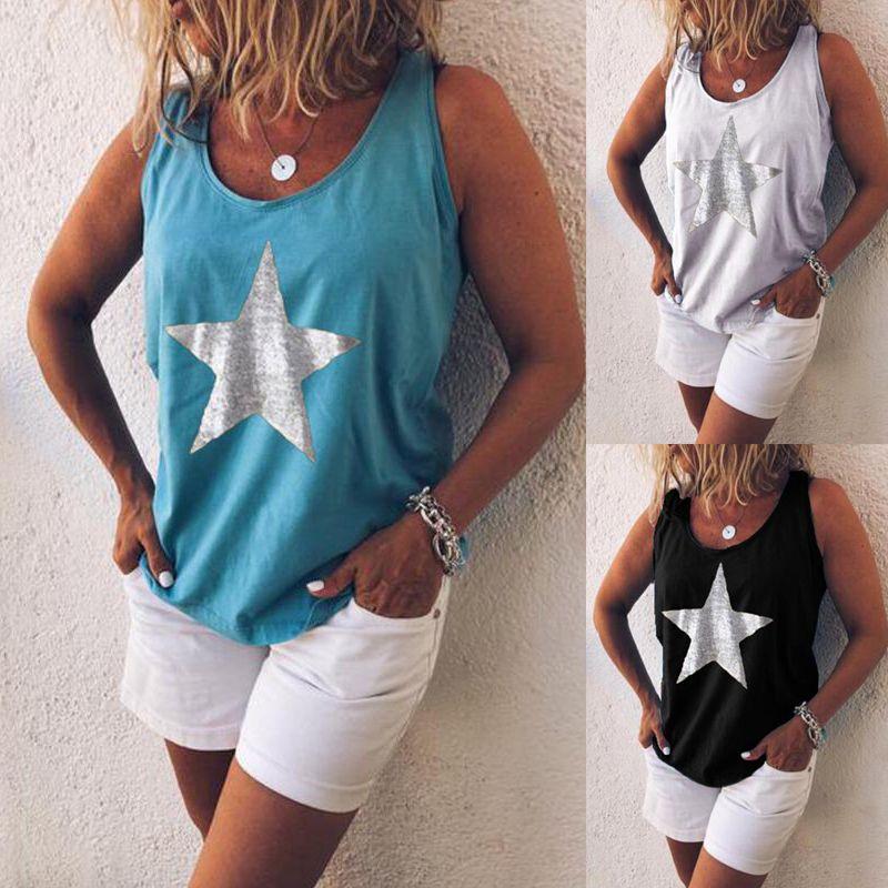 Stylish Plus Size Women Sleeveless Star Print T-shirt In Five Vibrant Colors