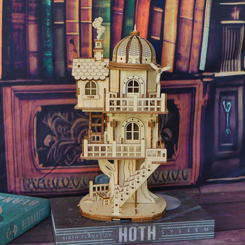 3D wooden puzzle model of treehouse, wooden forest cottage villa, multi story dome building assembly model, handmade DIY creativ