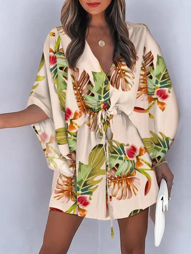Summer Sleeve V-Neck Tie-Up Casual Vacation Dress Women's Clothing