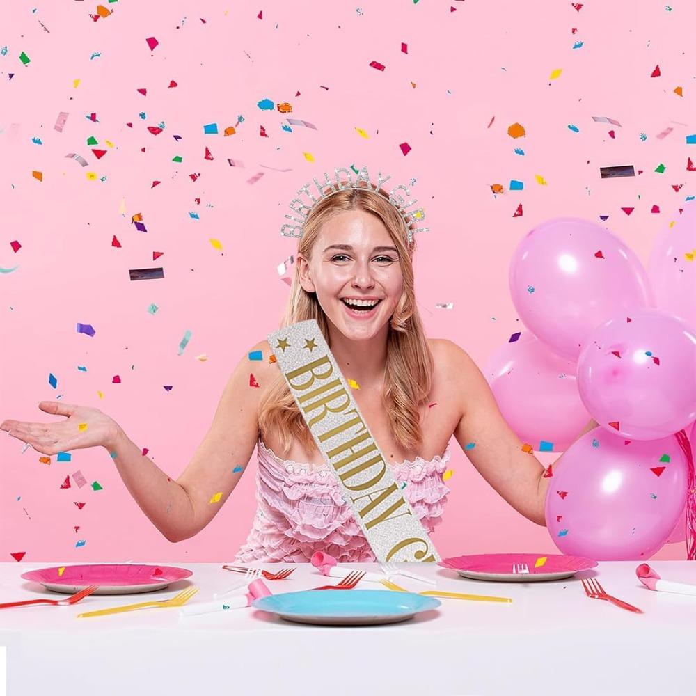 Birthday Crown Belts Pack of 2 Birthday Crown and Sash Set for Girl Glitter Birthday Girl Sash
