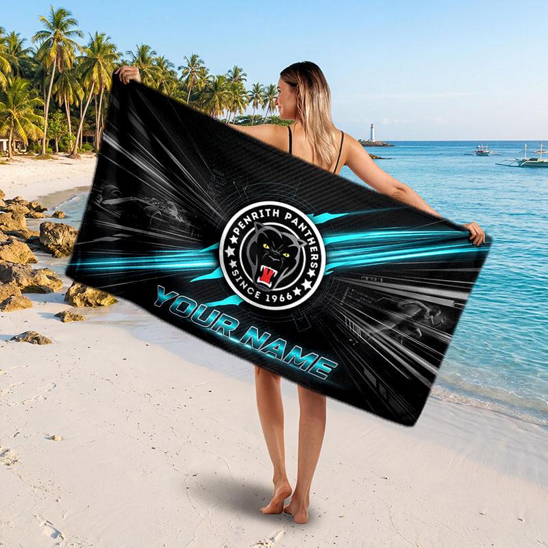 Penrith Panthers Customized Name Text Beach Towel, Soft Absorbent Towel Beach Pool Travel Personal Gift